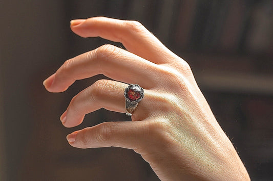 Garnet ring, Red stone silver 925 hammered ring