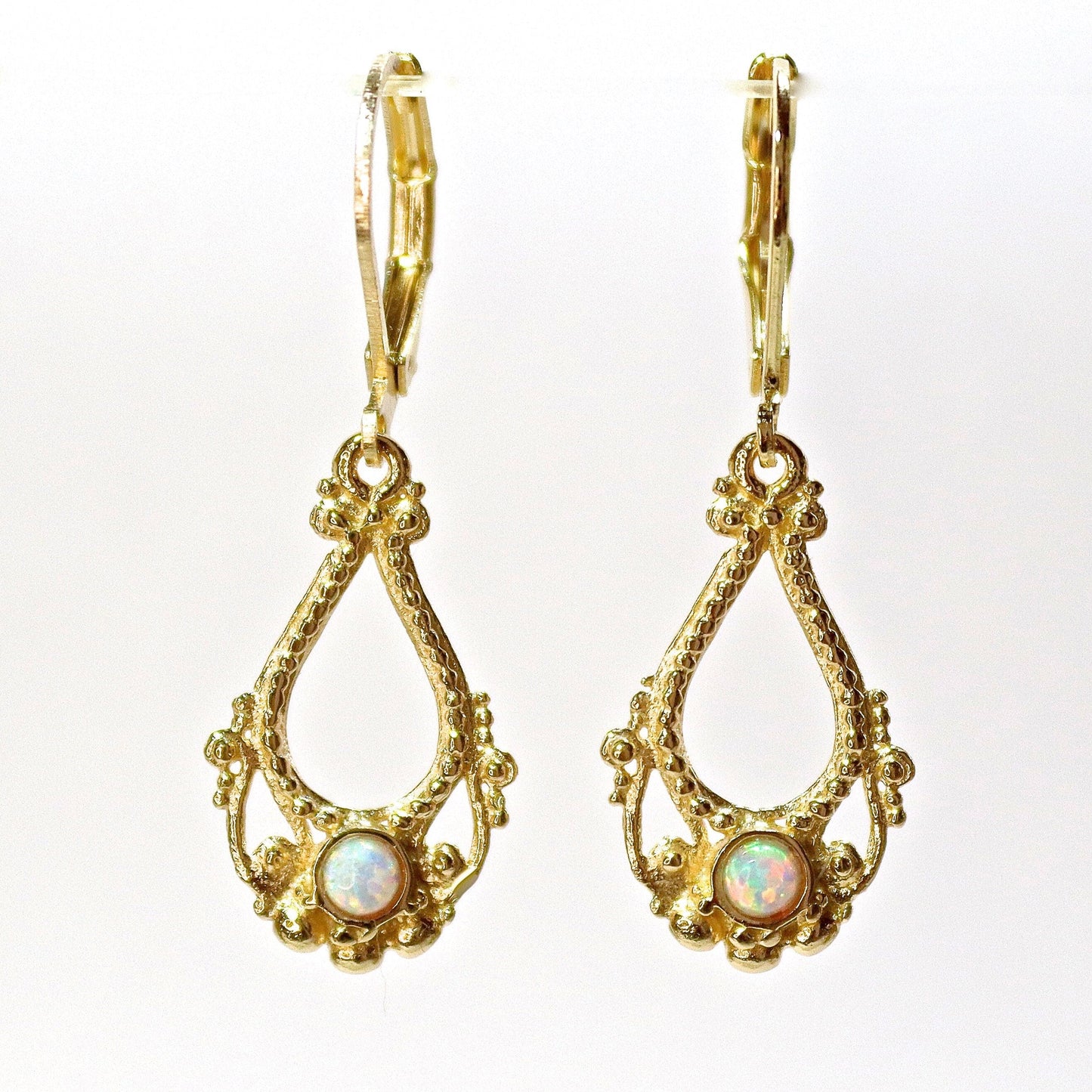 Opal earrings, Solid 14k gold dangle earring, White opal victorian style earringd