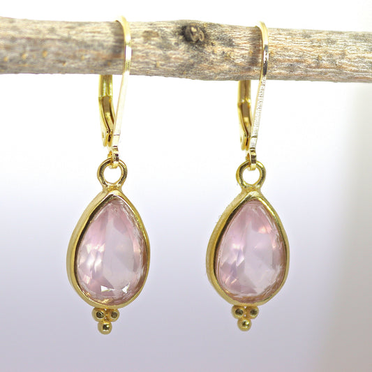 Rose quartz earrings, Teardrop pink stone gold dangle earrings