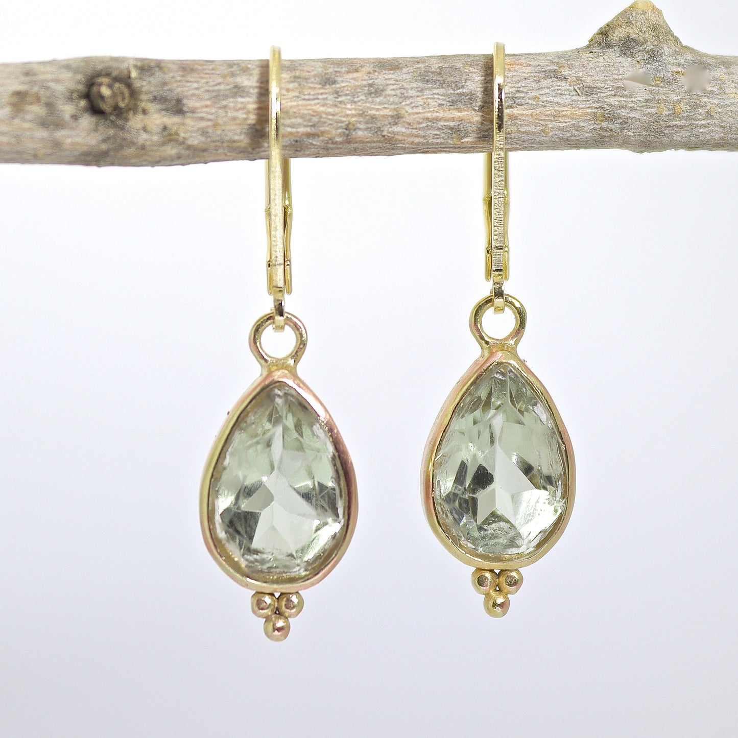 Green Amethyst earrings, Teardrop green stone gold dangle earrings