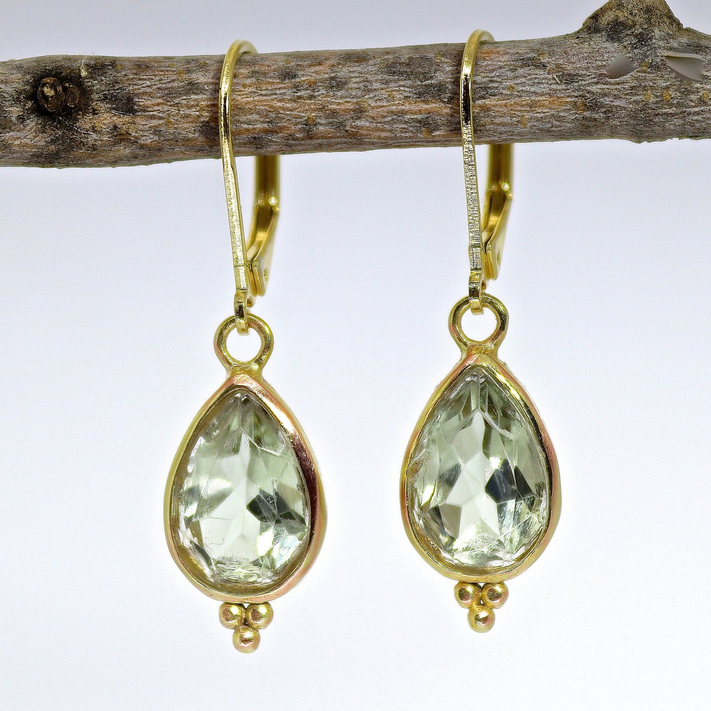 Green Amethyst earrings, Teardrop green stone gold dangle earrings