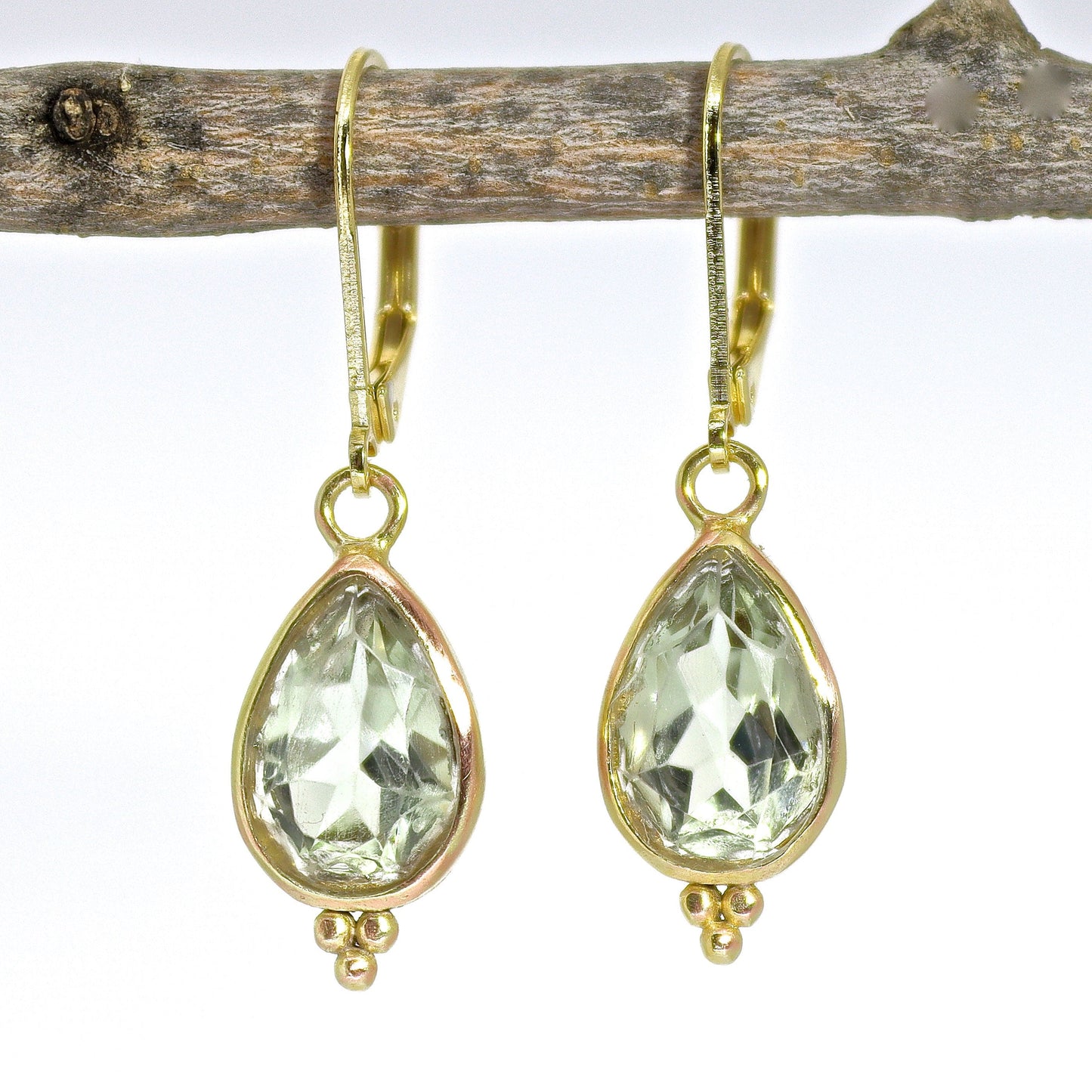 Green Amethyst earrings, Teardrop green stone gold dangle earrings