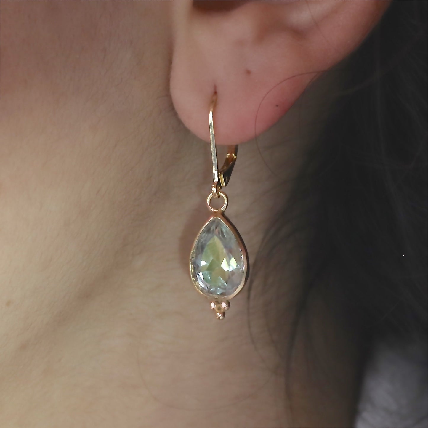 Green Amethyst earrings, Teardrop green stone gold dangle earrings