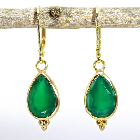 Green Amethyst earrings, Teardrop green stone gold dangle earrings