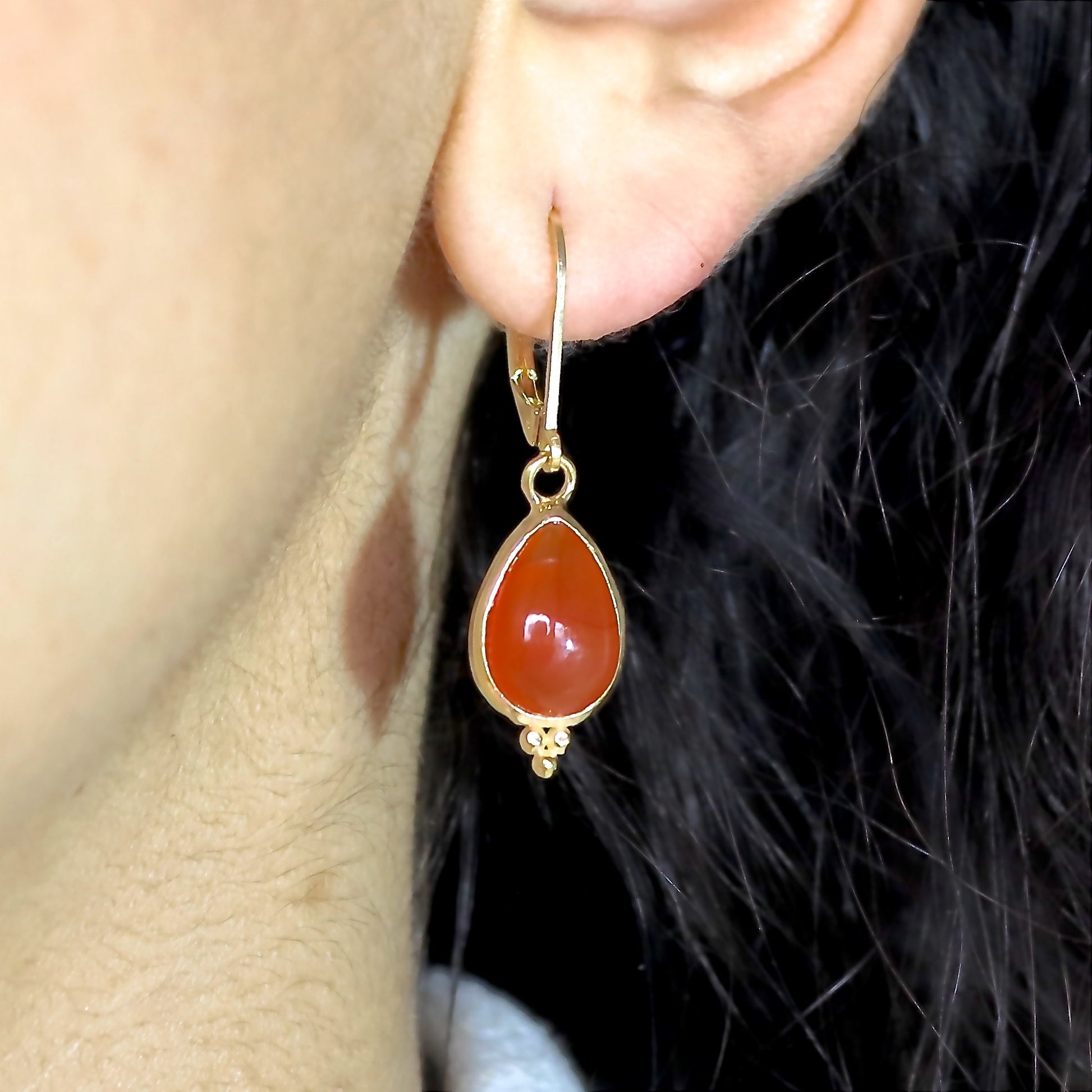 14K Gold Handmade Carnelian Drop Earrings, Teardrop Orange Stone Dangles, Birthday Gift for Her