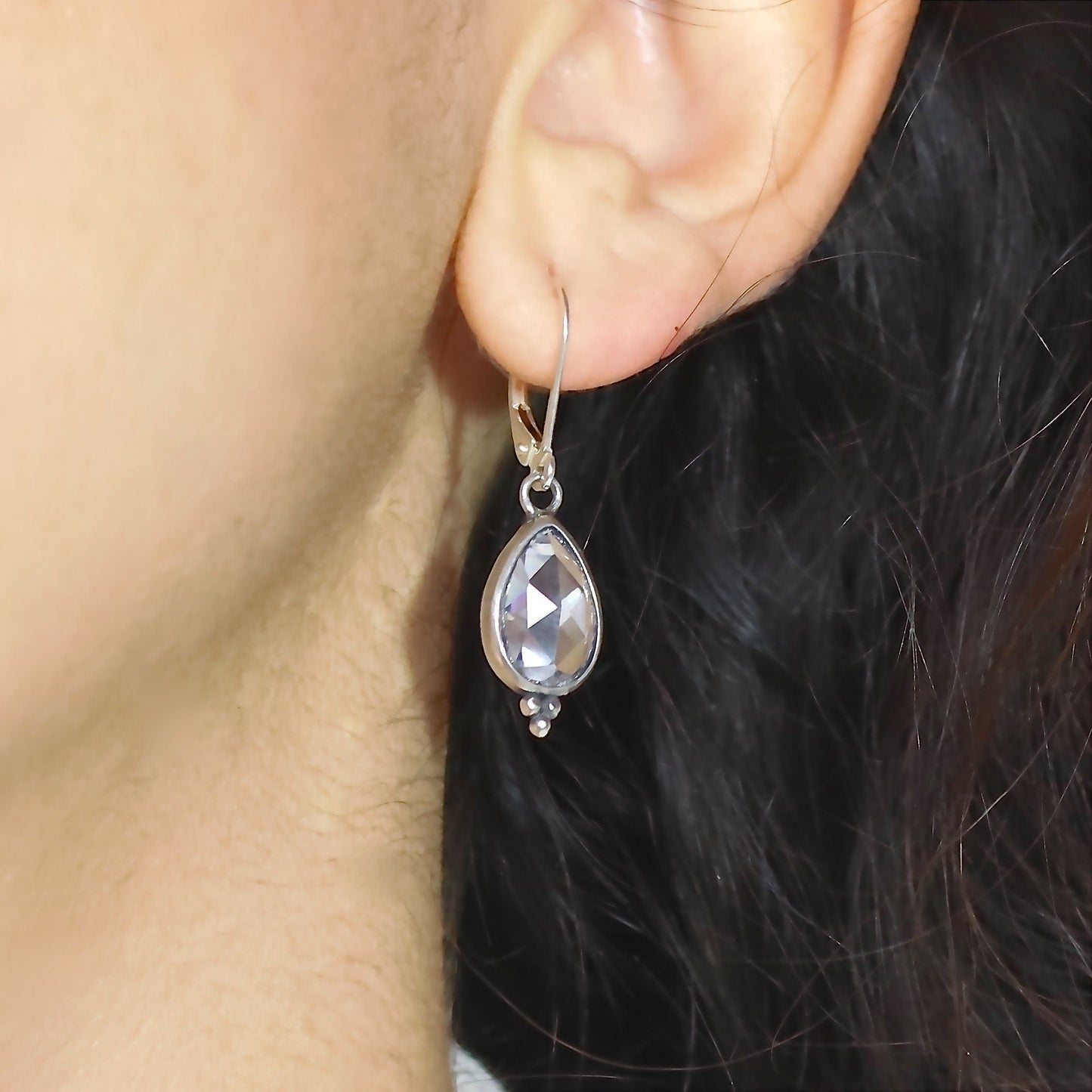 Crystal earrings, Teardrop clear stone silver dangle earrings