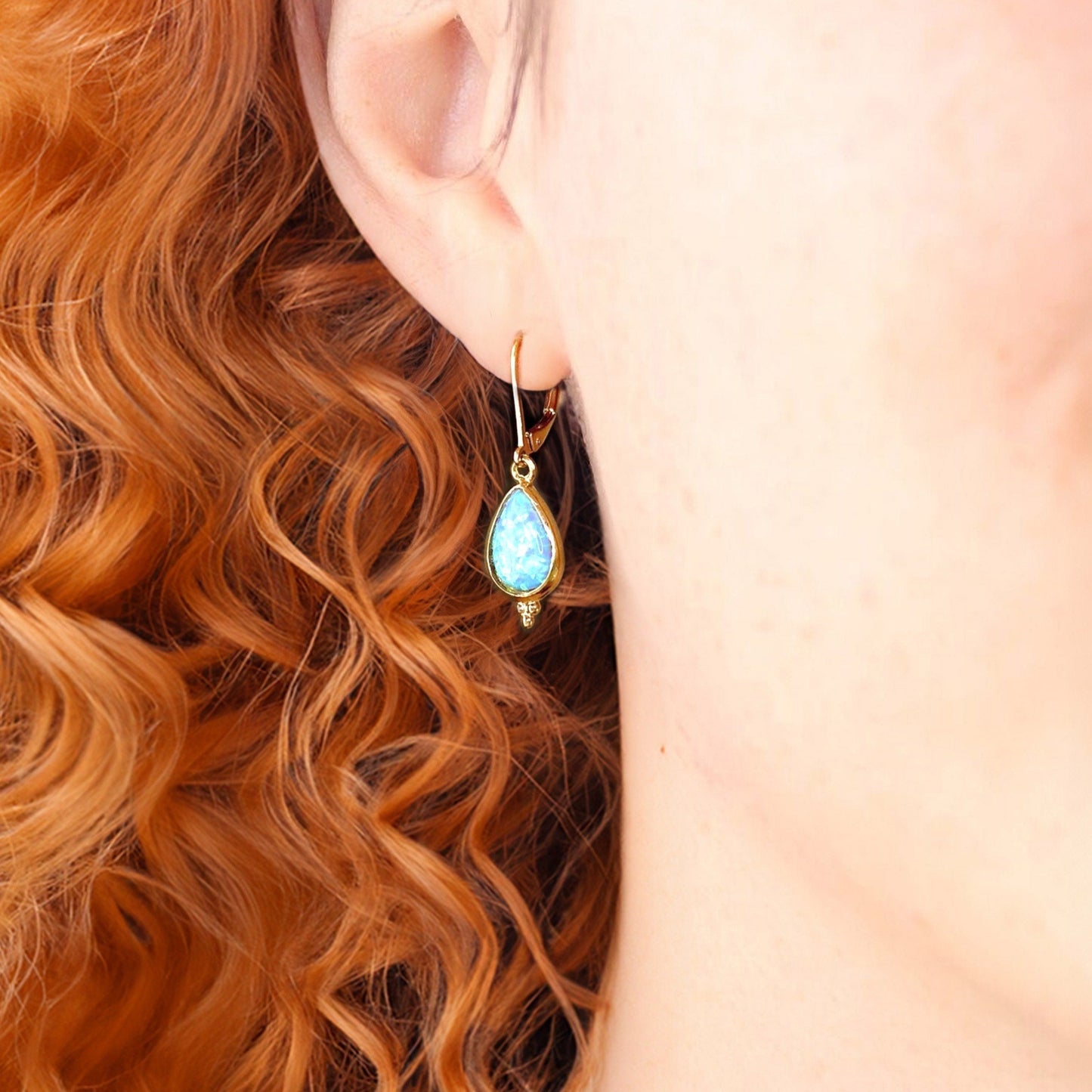 Opal gold earrings, Solid 14k gold blue Opal dangle earrings