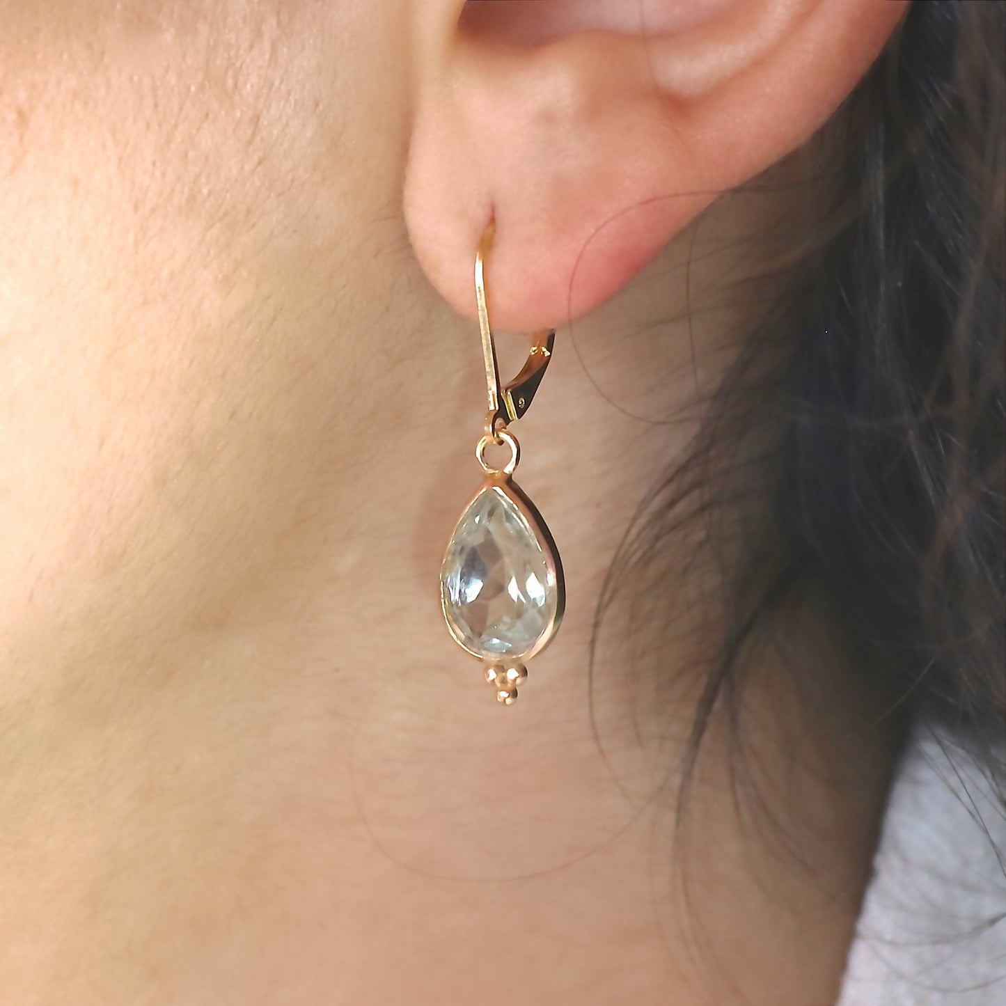 Green Amethyst earrings, Teardrop green stone gold dangle earrings