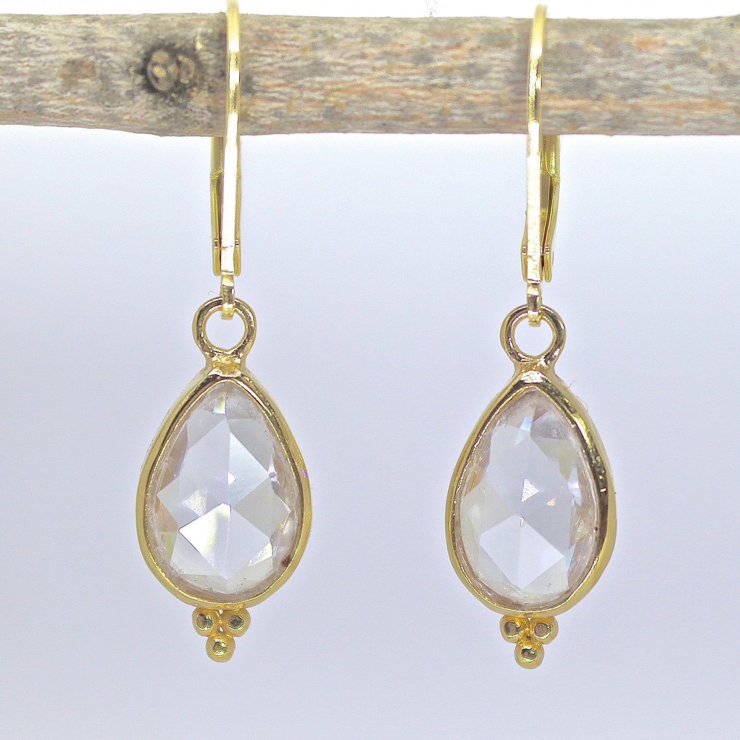 Crystal earrings, Teardrop clear stone gold dangle earrings