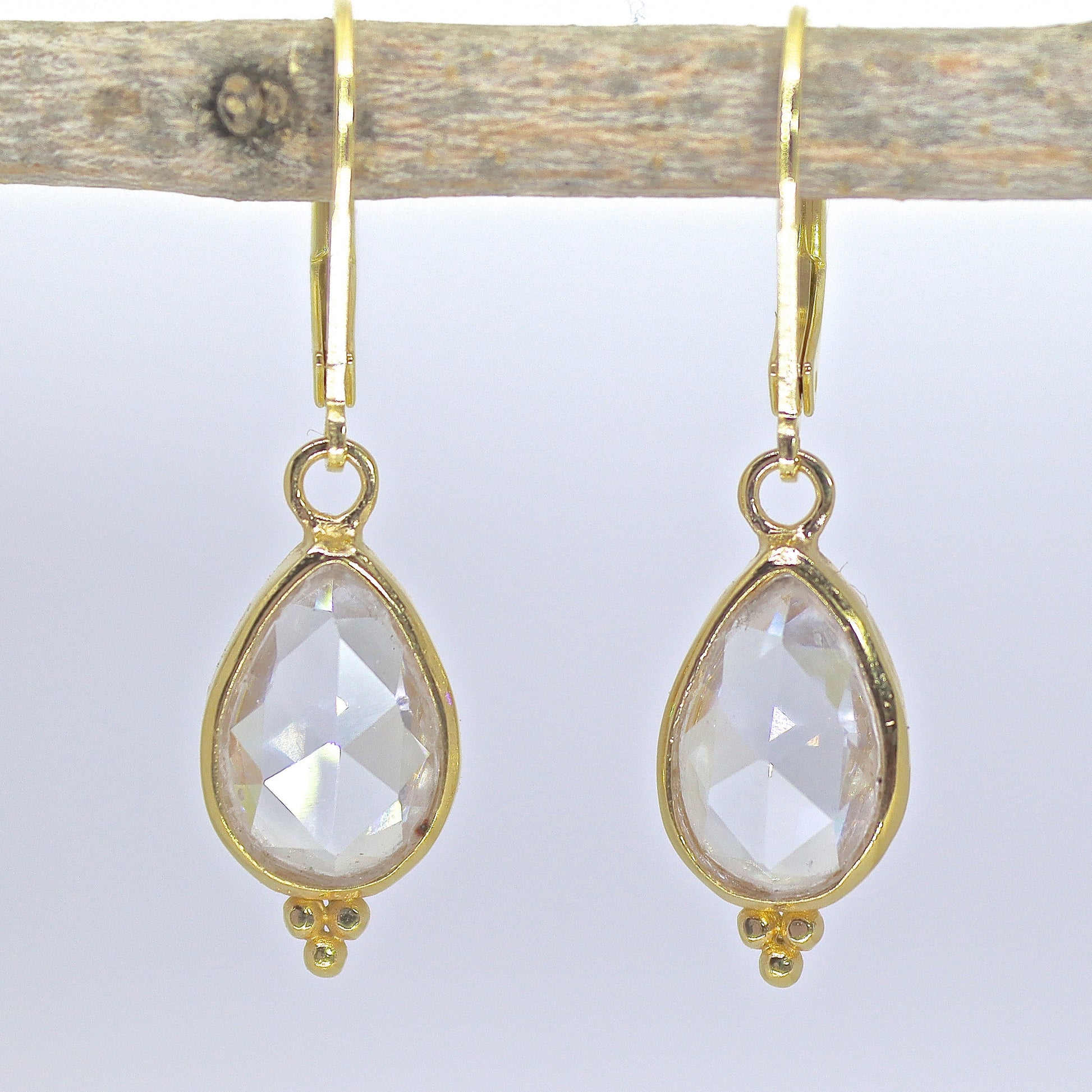 Crystal clear 14k gold earrings, Teardrop quartz stone gold dangle earrings