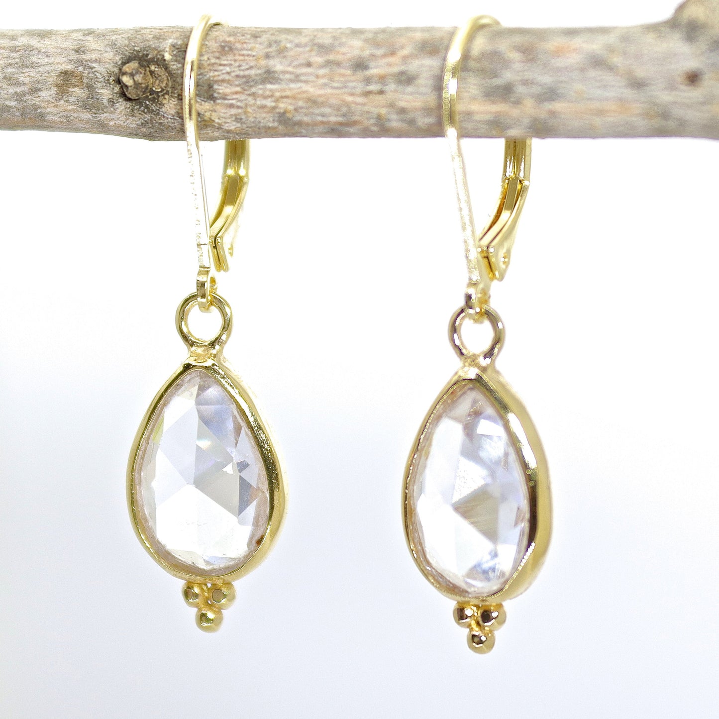 Crystal earrings, Teardrop clear stone gold dangle earrings