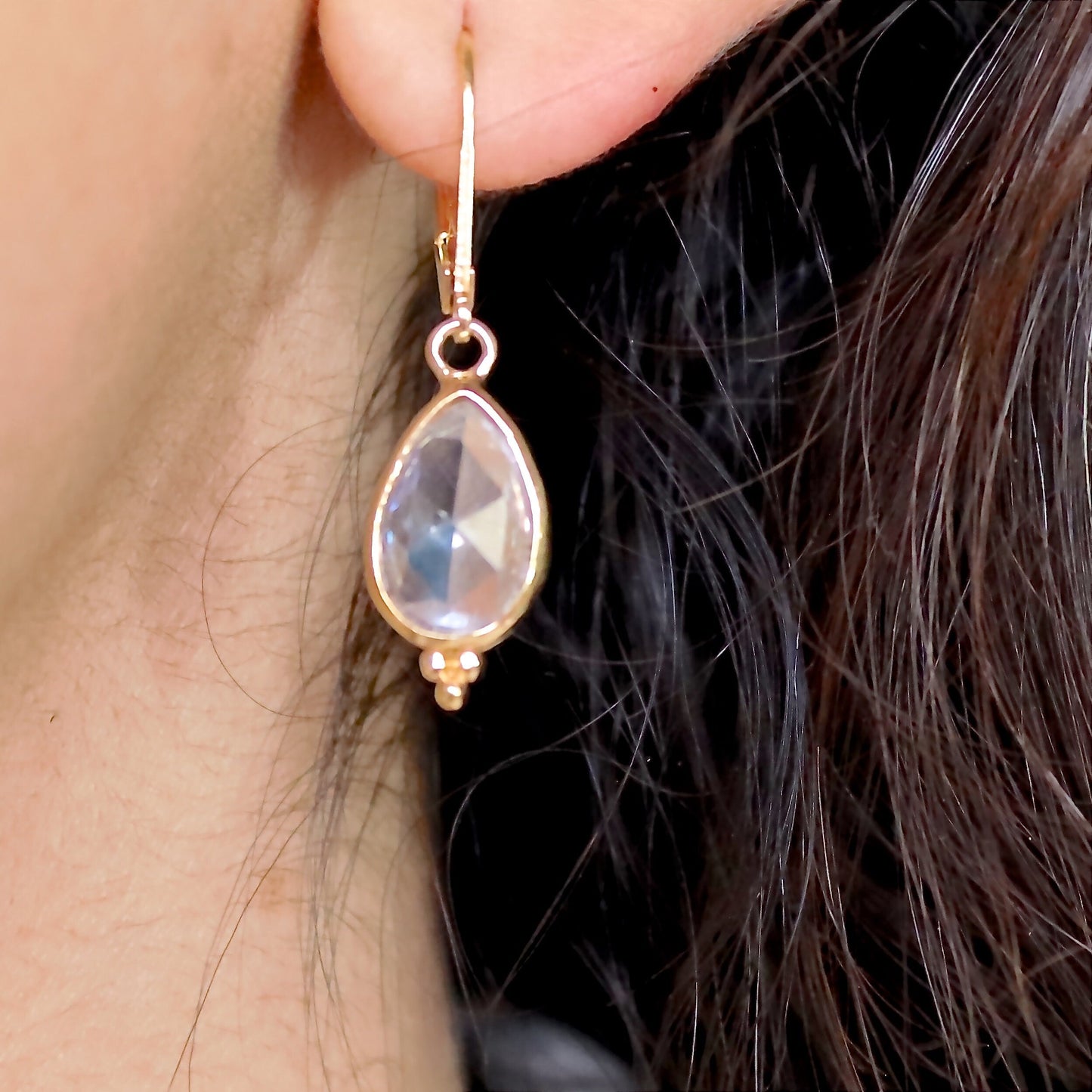 Crystal earrings, Teardrop clear stone gold dangle earrings