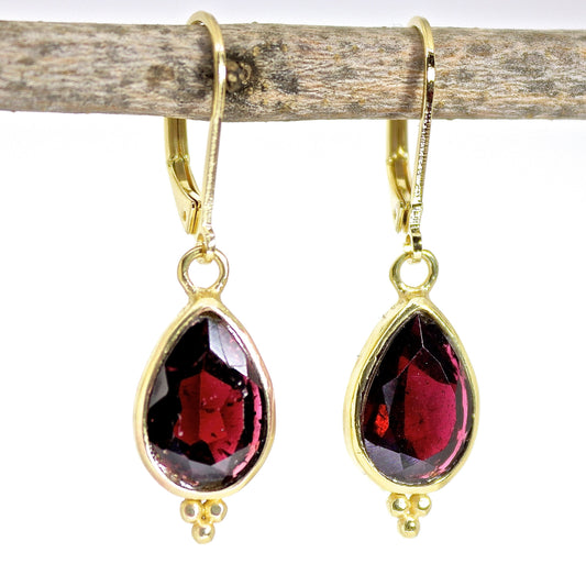 Garnet earrings, Teardrop red stone gold dangle earrings