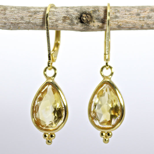 Citrine earrings, Teardrop yellow stone gold dangle earrings