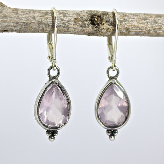 Rose quartz earrings, Teardrop pink stone silver dangle earrings