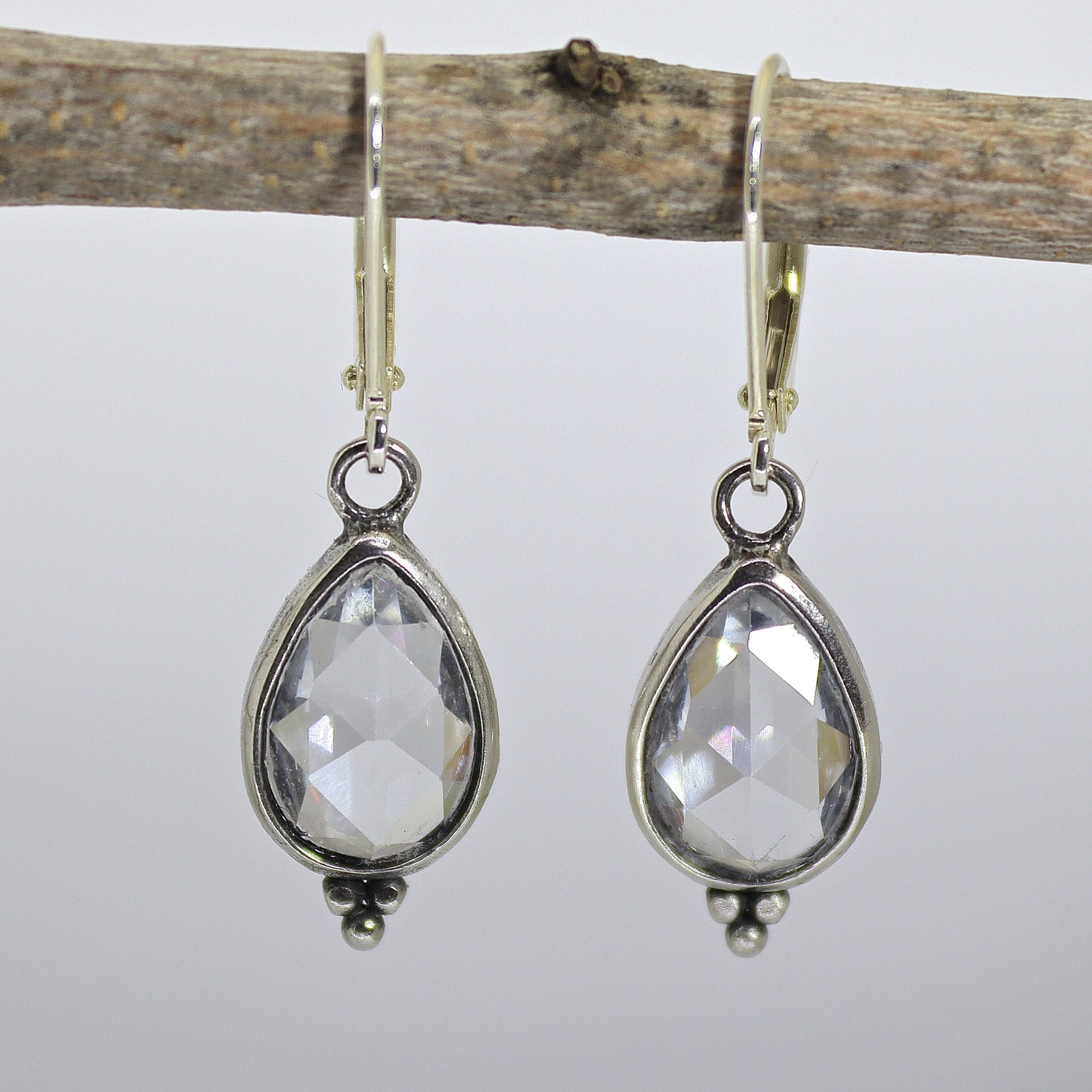 Crystal earrings, Teardrop clear stone silver dangle earrings