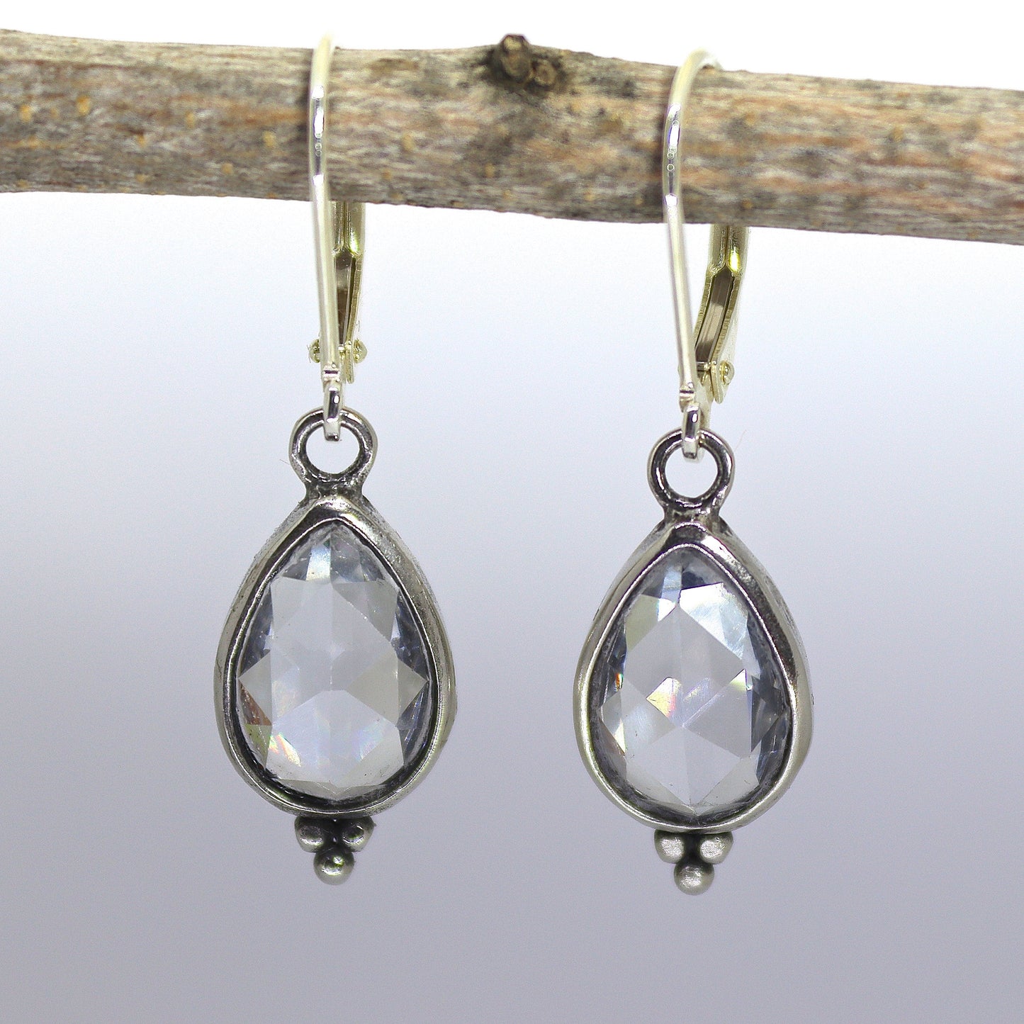 Crystal earrings, Teardrop clear stone silver dangle earrings