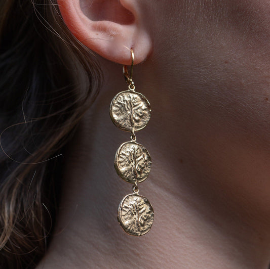 Long gold coin dangle earrings, Triple disk gold earrings