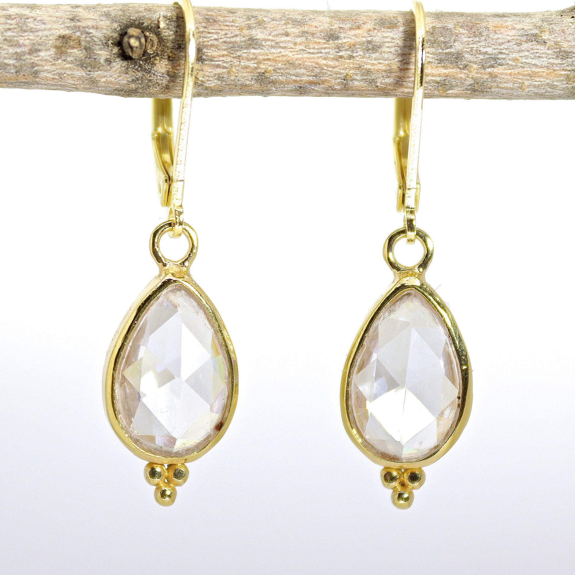 Crystal clear 14k gold earrings, Teardrop quartz stone gold dangle earrings