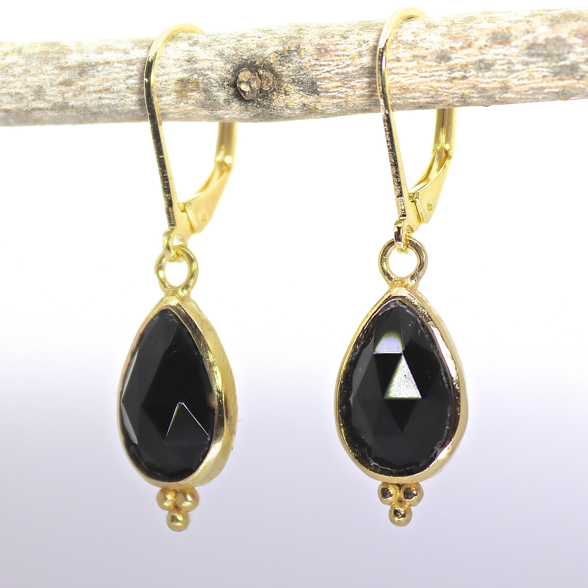 14k gold Onyx earrings, Teardrop black stone dangle earrings