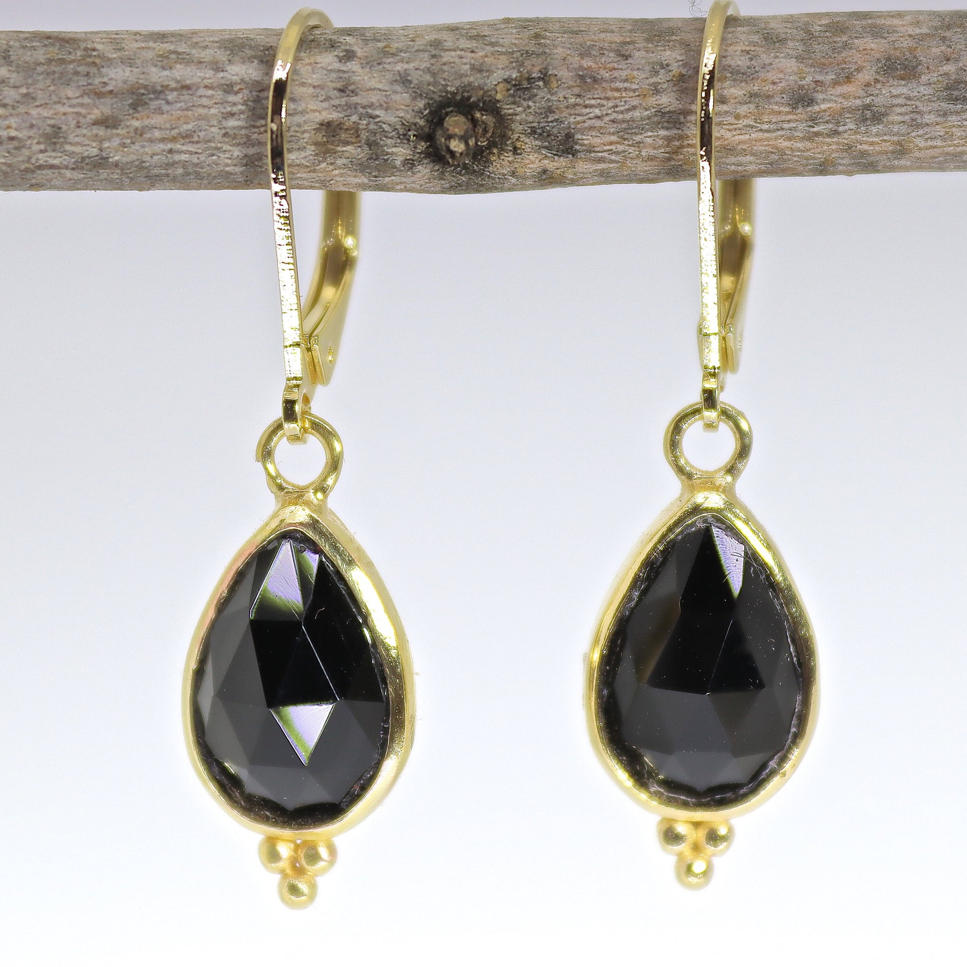 14k gold Onyx earrings, Teardrop black stone dangle earrings