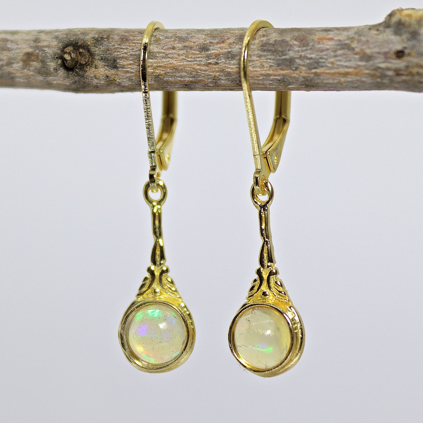 14k Gold Opal Drop Earrings, Victorian Style Gemstone Dangles, Perfect Gift for Wife