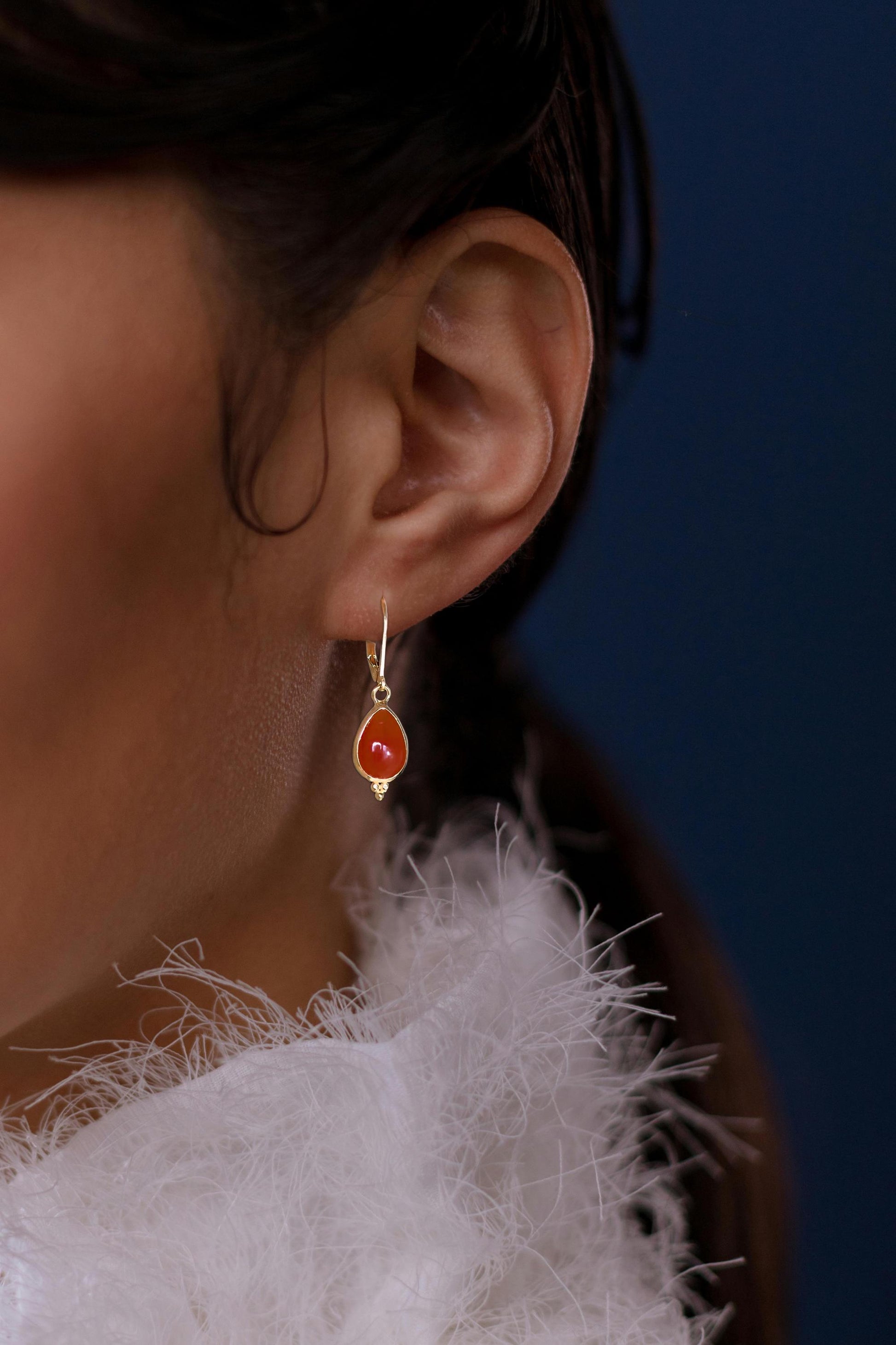 14K Gold Handmade Carnelian Drop Earrings, Teardrop Orange Stone Dangles, Birthday Gift for Her