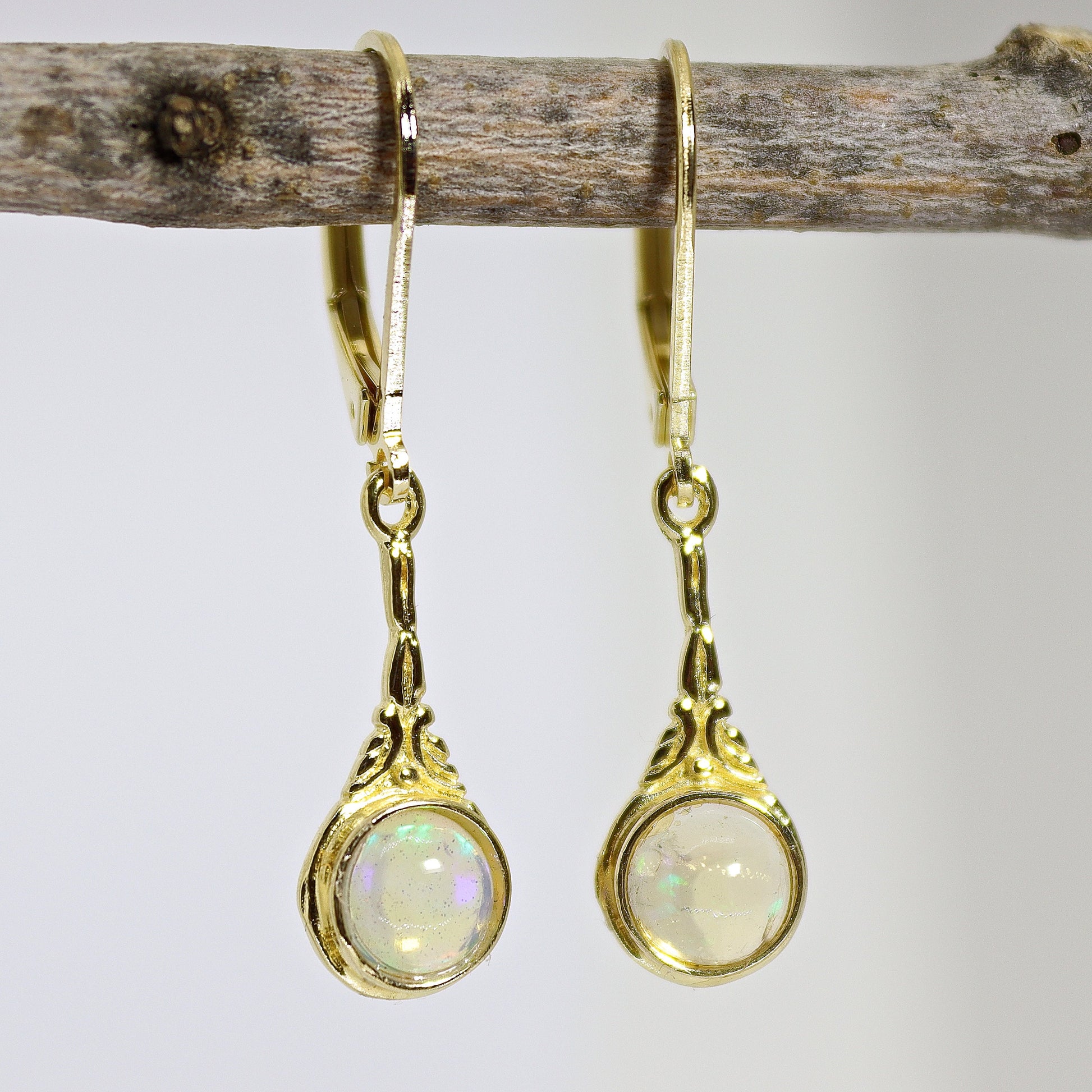 14k Gold Opal Drop Earrings, Victorian Style Gemstone Dangles, Perfect Gift for Wife