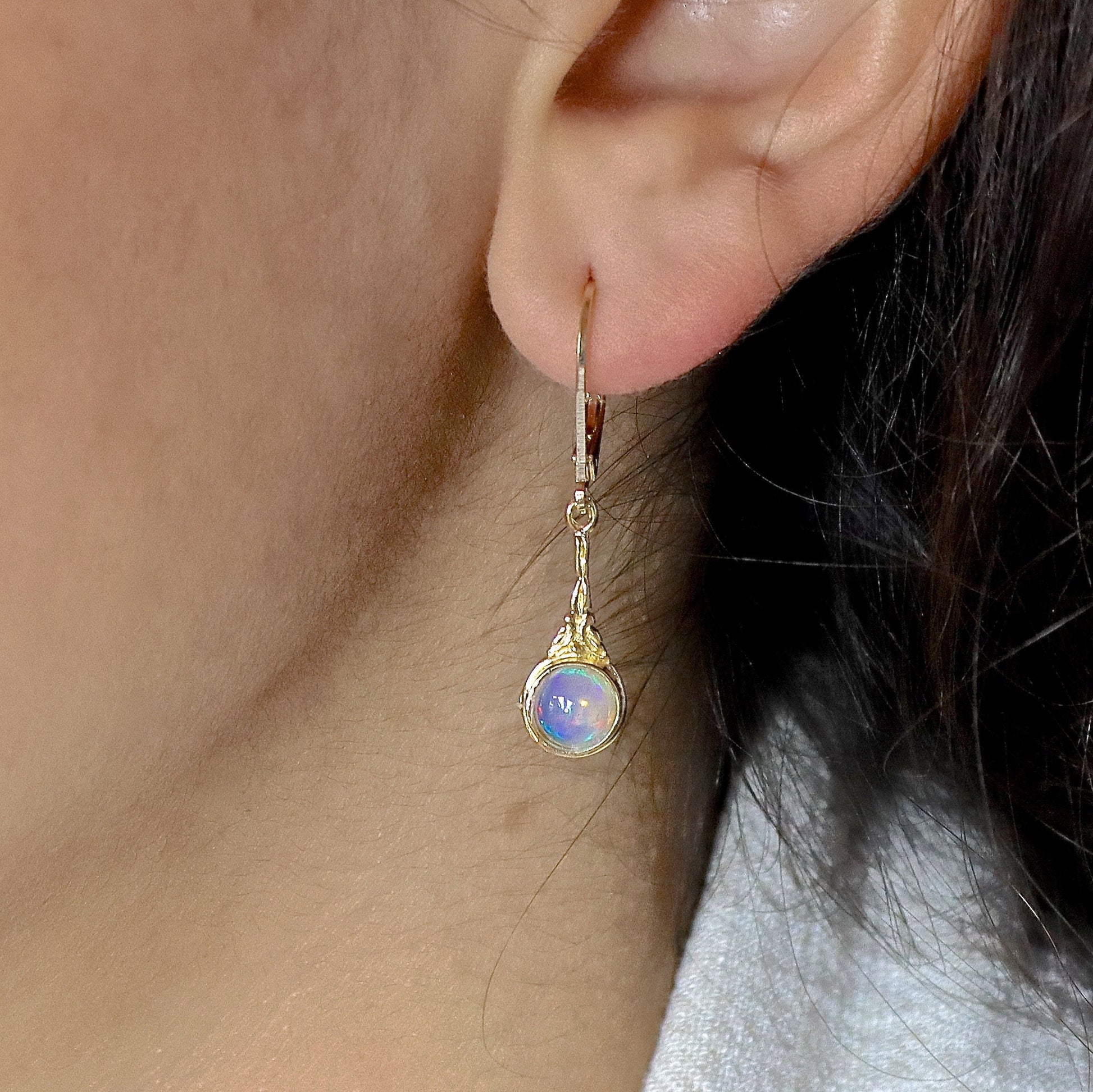 14k Gold Opal Drop Earrings, Victorian Style Gemstone Dangles, Perfect Gift for Wife