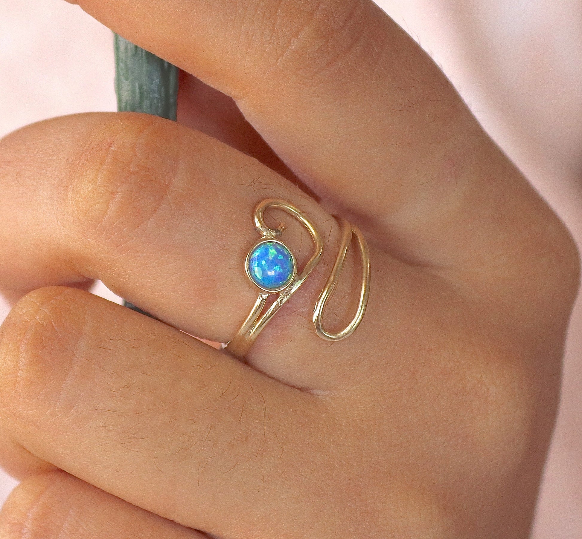 Opal 14k gold ring, Blue stone adjustable solid 14k gold ring