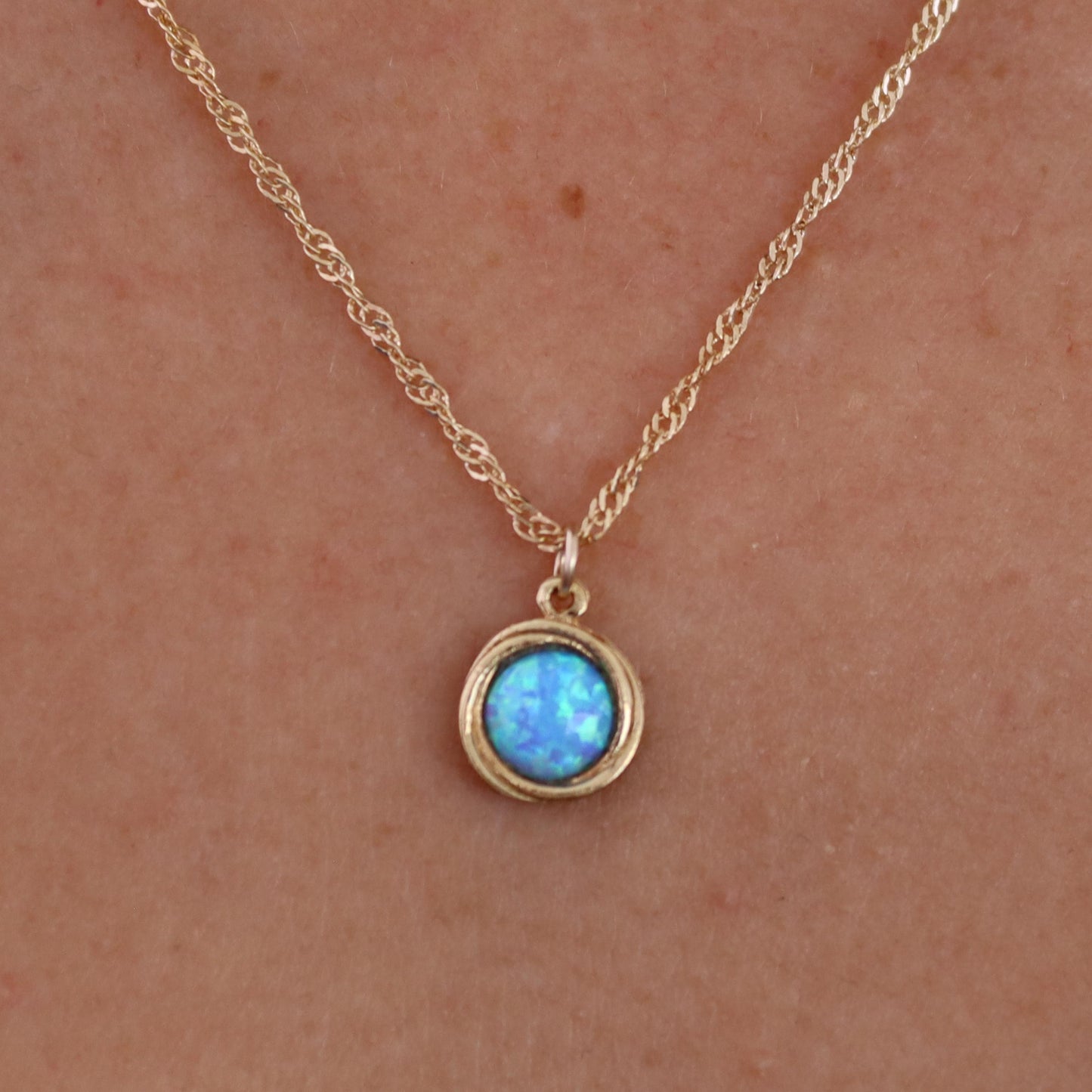 Opal gold necklace pendant, Blue Stone solid gold 14k Necklace