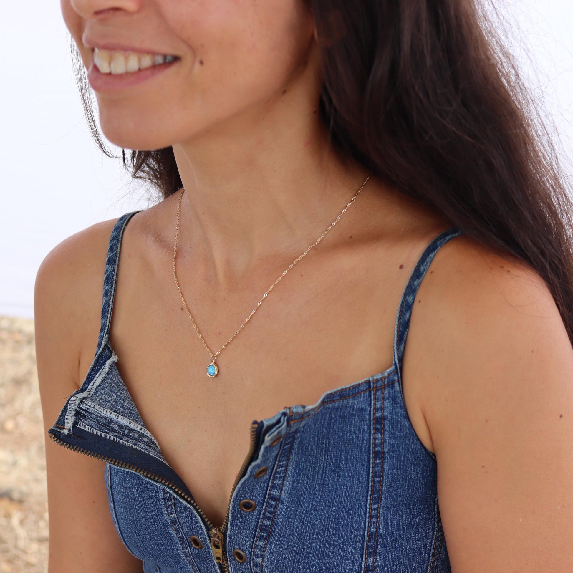 Opal gold necklace pendant, Blue Stone solid gold 14k Necklace
