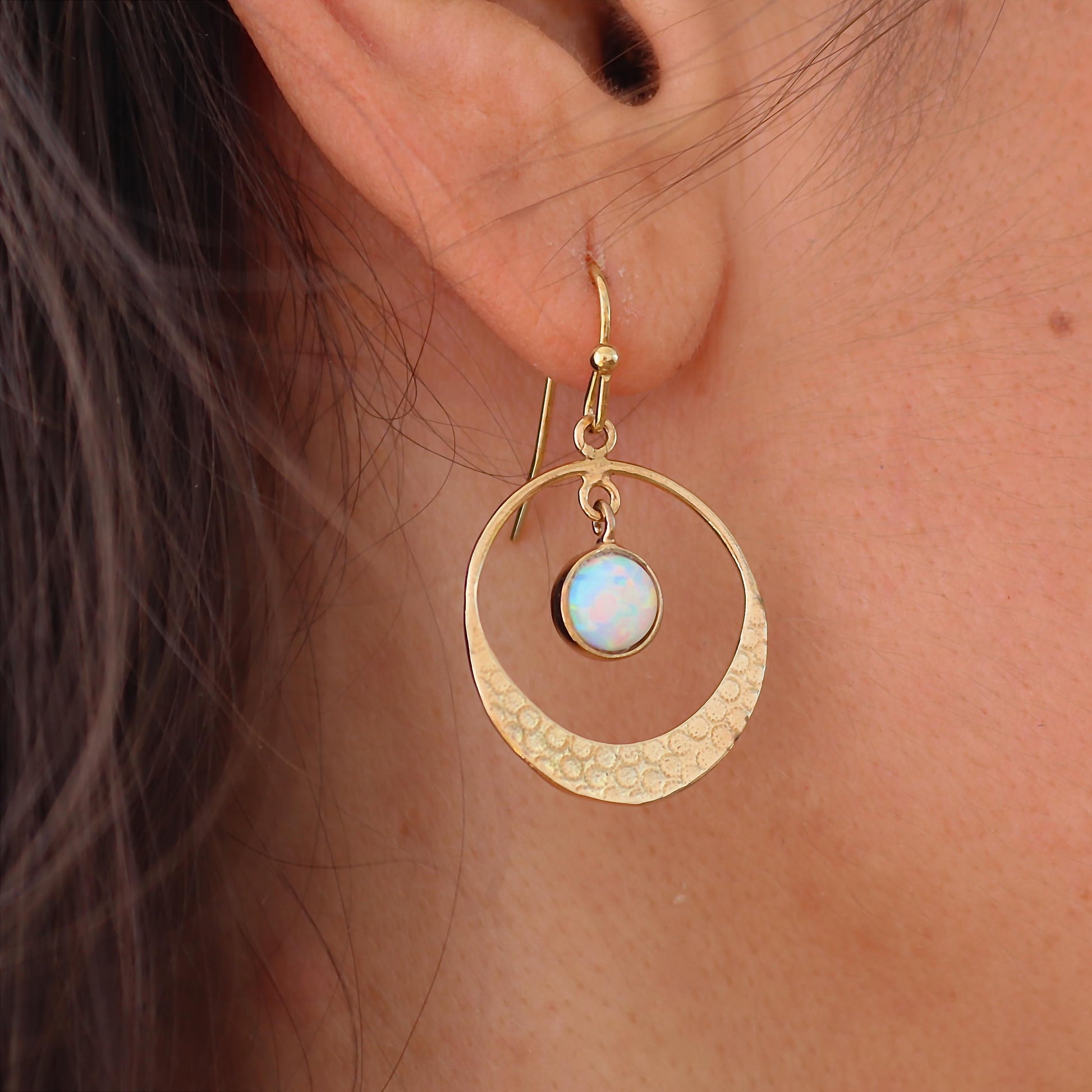 Opal 14k gold dangle hoop earrings, White Opal circle Earrings