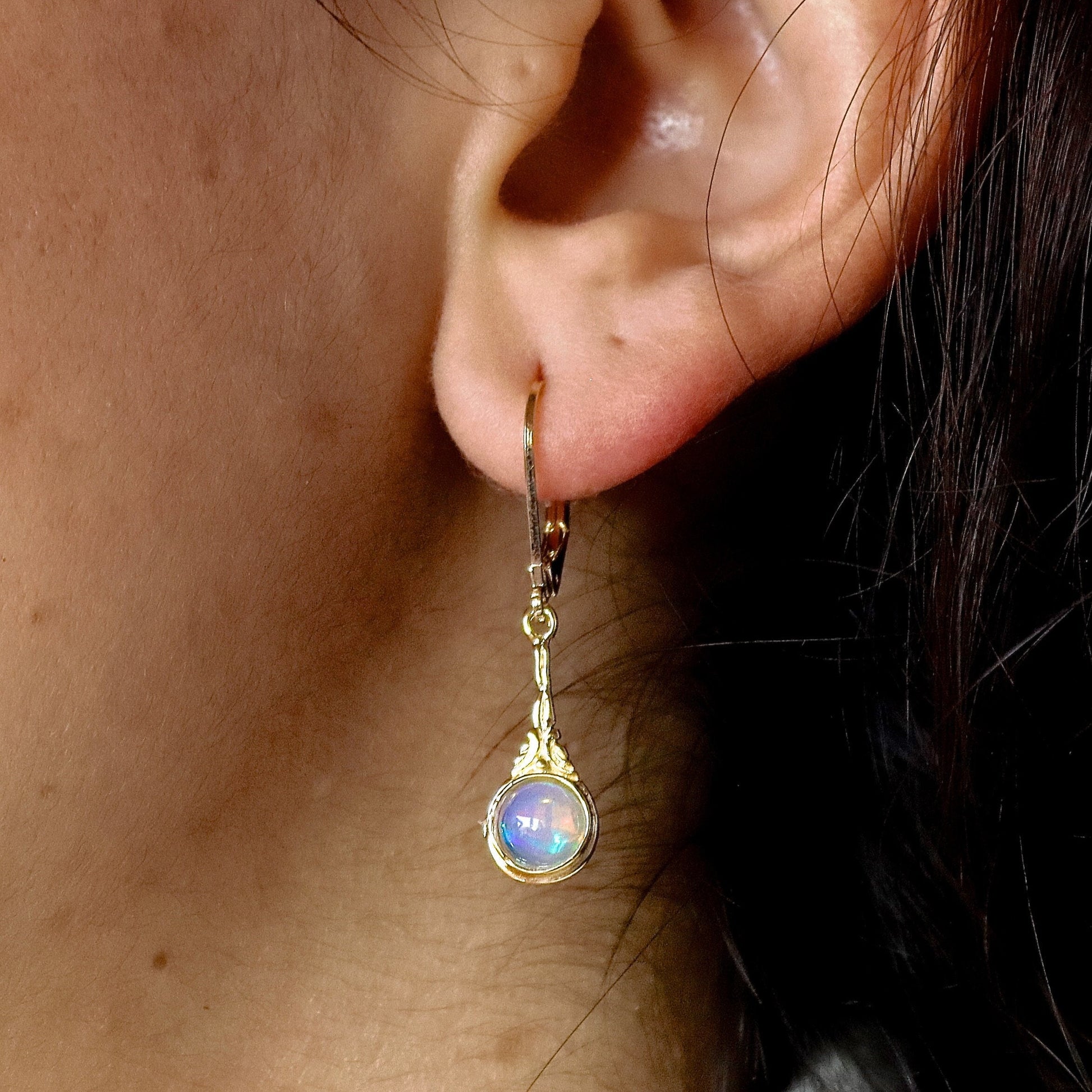 14k Gold Opal Drop Earrings, Victorian Style Gemstone Dangles, Perfect Gift for Wife