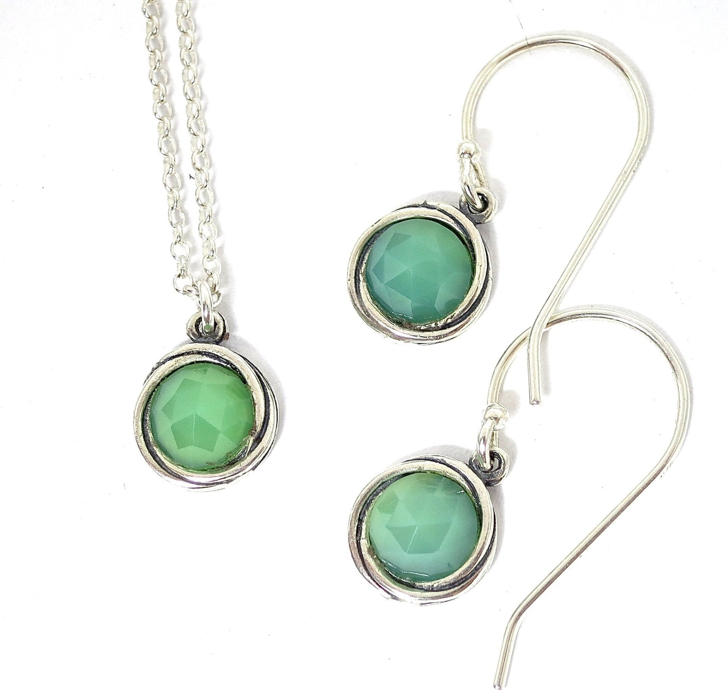 Jade earrings and necklace set, Sterling silver 925 jewelry set, Green stone set earrings and Pendant