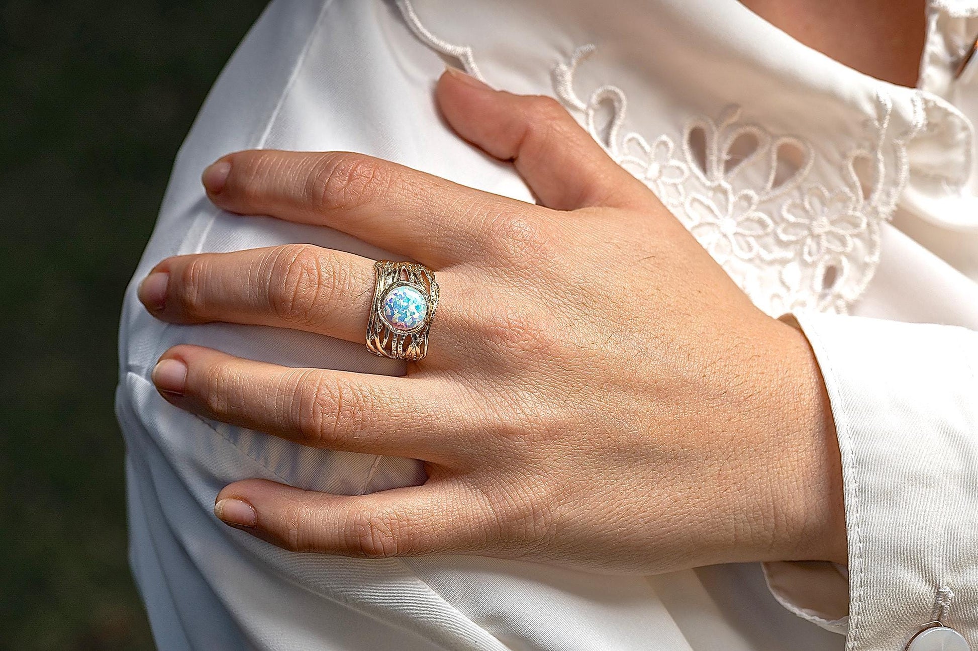 Opal gold ring, Solid 14k gold White opal wide ring