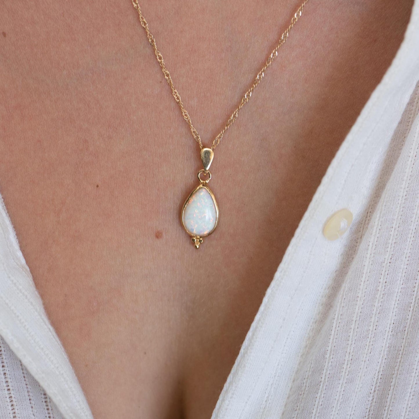 Opal solid 14k gold teardrop necklace pendant, White opal gold necklace