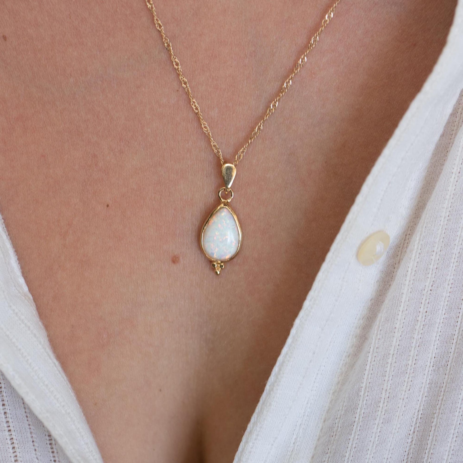 Opal solid 14k gold teardrop necklace pendant, White opal gold necklace