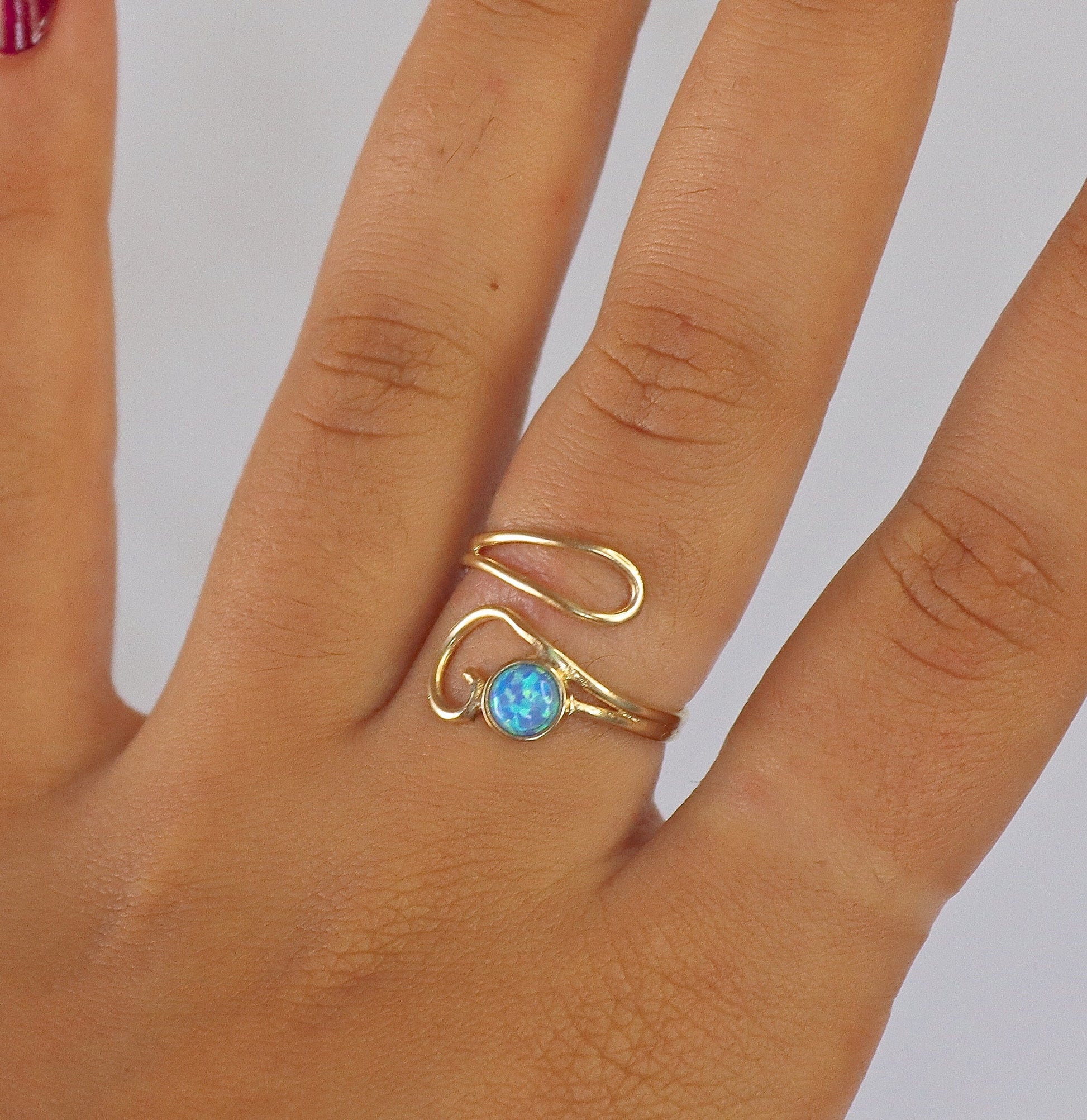 Opal 14k gold ring, Blue stone adjustable solid 14k gold ring