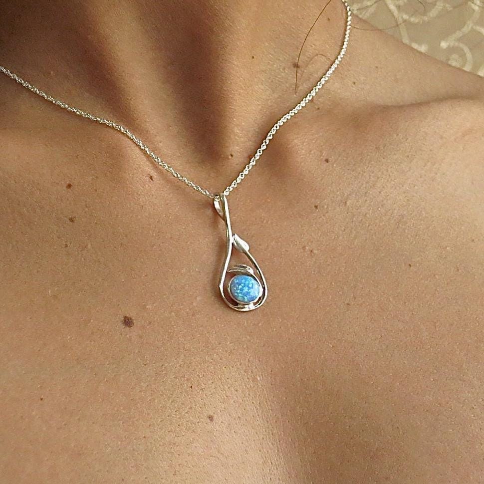 Solid 14k Gold Opal Necklace for women, Unique real gold Blue opal Pendant necklace with Leaves