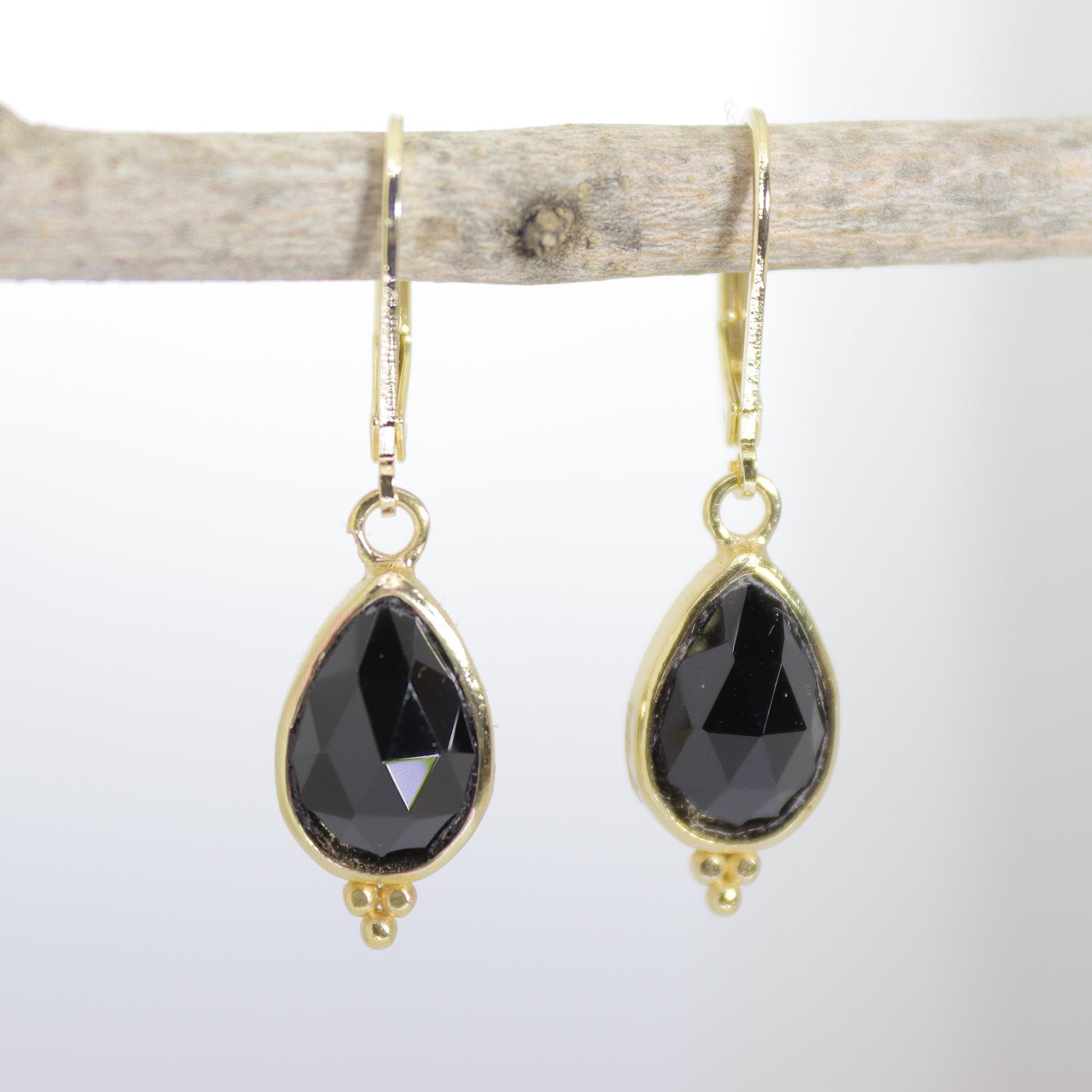 14k gold Onyx earrings, Teardrop black stone dangle earrings