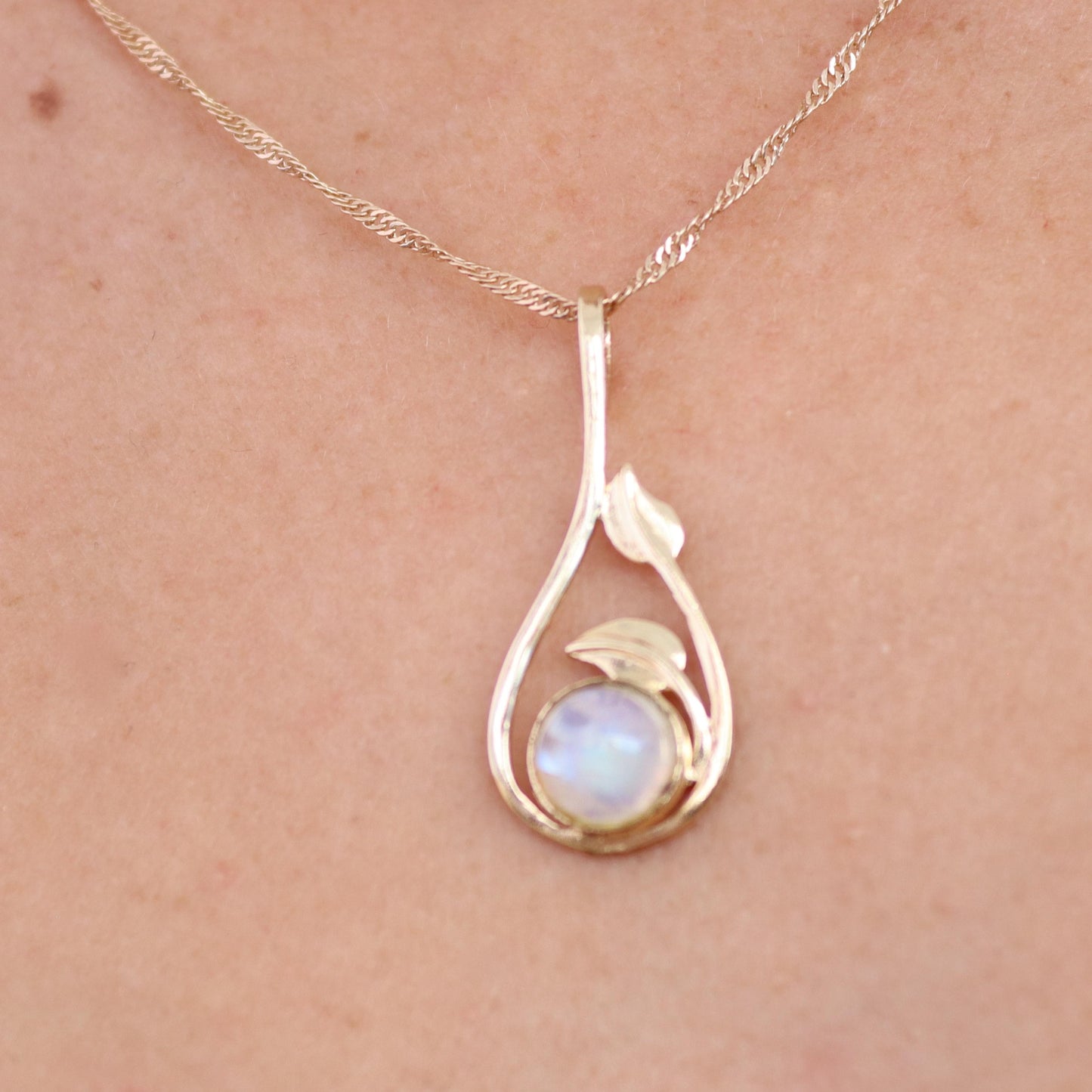 Solid 14k Gold Opal Necklace for women, Unique real gold Blue opal Pendant necklace with Leaves