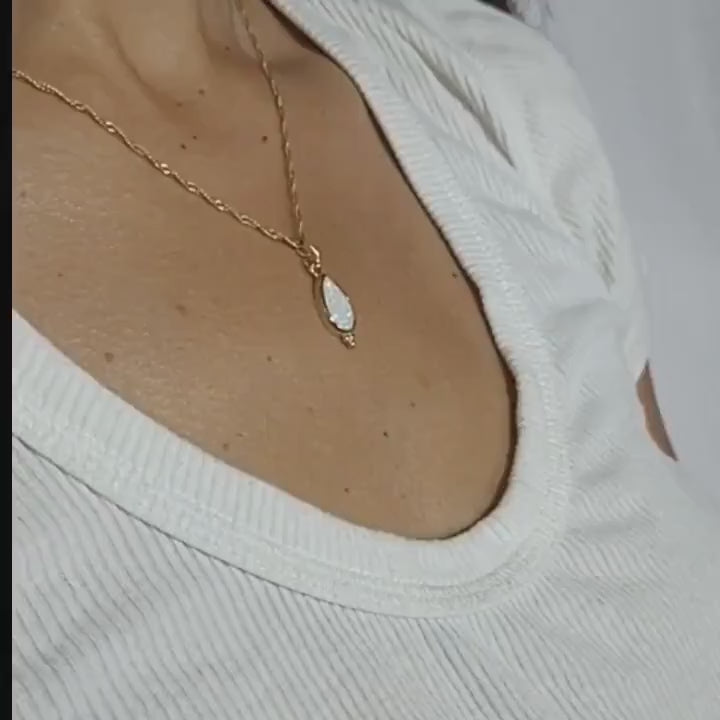 Opal solid 14k gold teardrop necklace pendant, White opal gold necklace