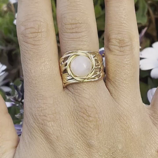 Opal gold ring, Solid 14k gold White opal wide ring