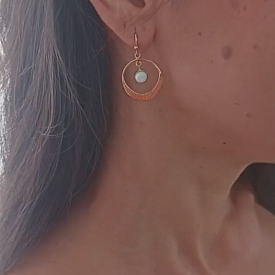 Opal 14k gold dangle hoop earrings, White Opal circle Earrings