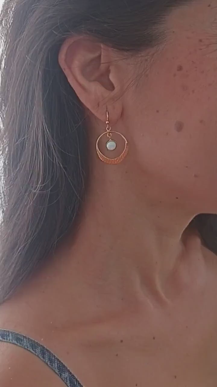 Opal 14k gold dangle hoop earrings, White Opal circle Earrings