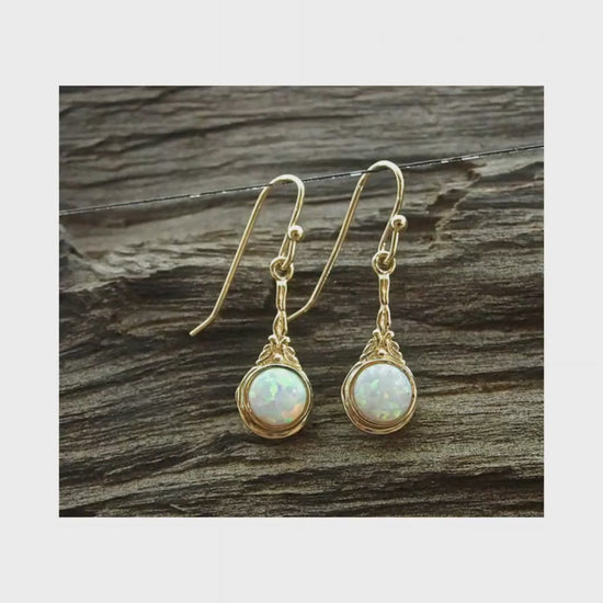 Solid 14k gold Opal earrings, White opal victorian earrings
