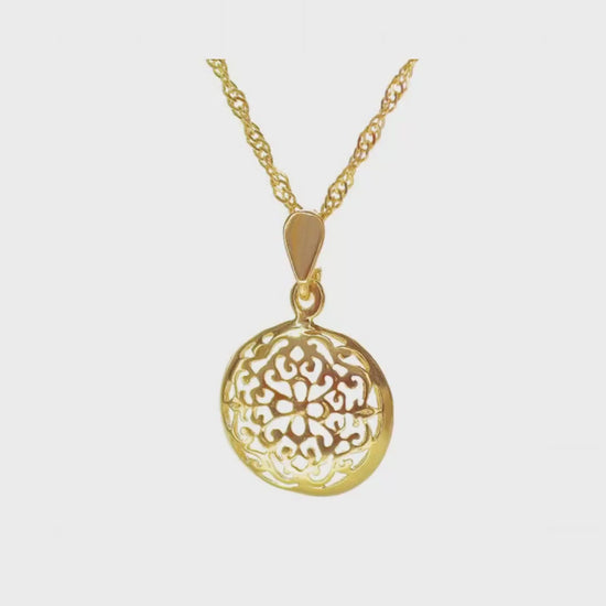 Filigree necklace, Solid 14k gold round necklace pendant