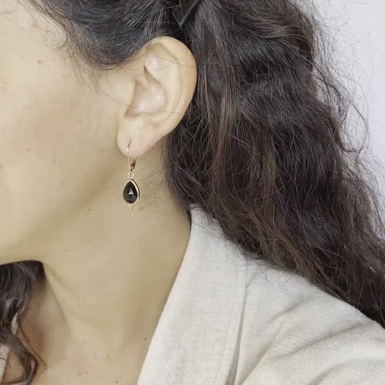 14k gold Onyx earrings, Teardrop black stone dangle earrings