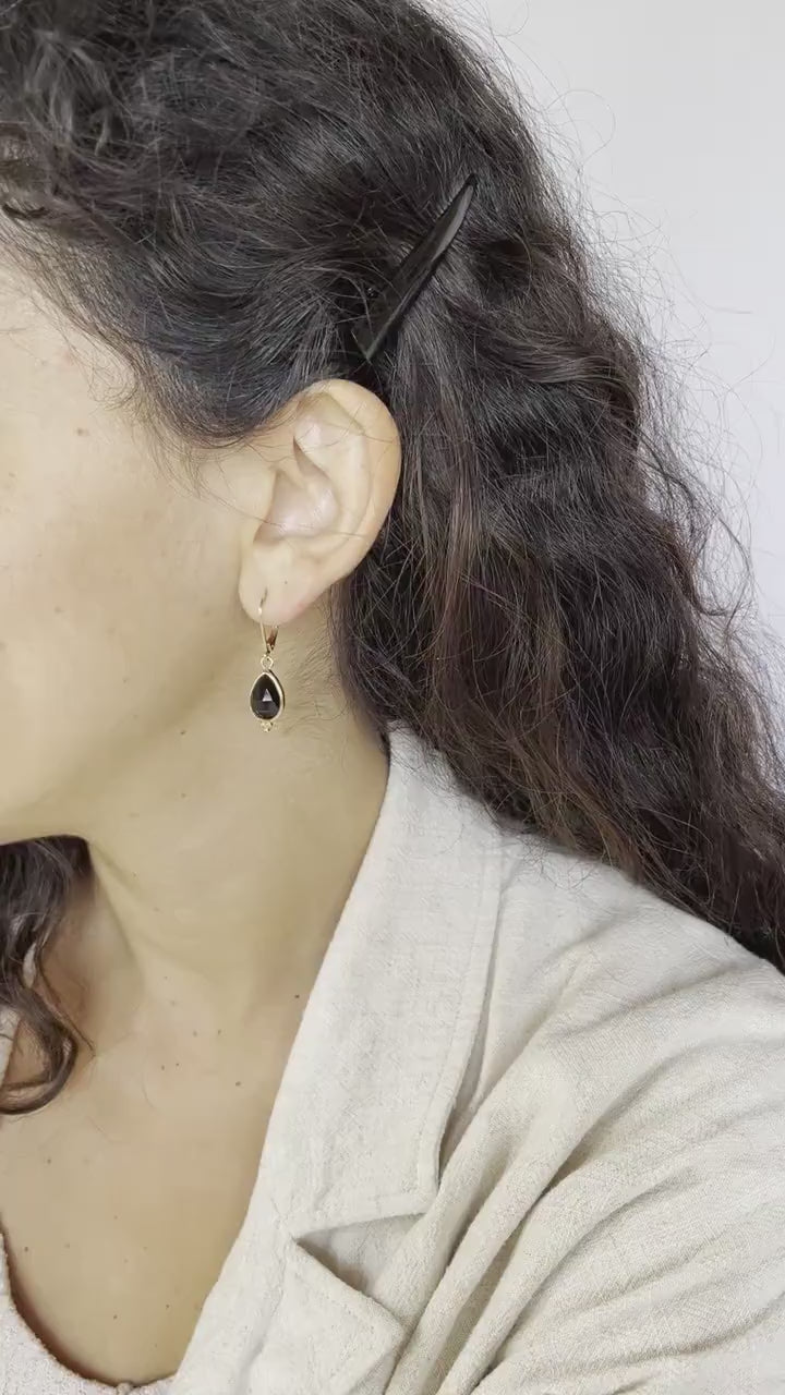 14k gold Onyx earrings, Teardrop black stone dangle earrings